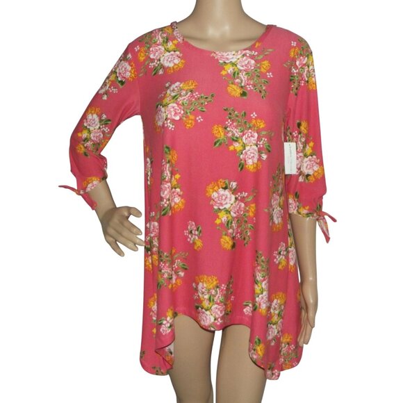 Bobbie Brooks Top Womens Size Small Pink Gold Floral sharkbite hem hanky - Picture 1 of 12